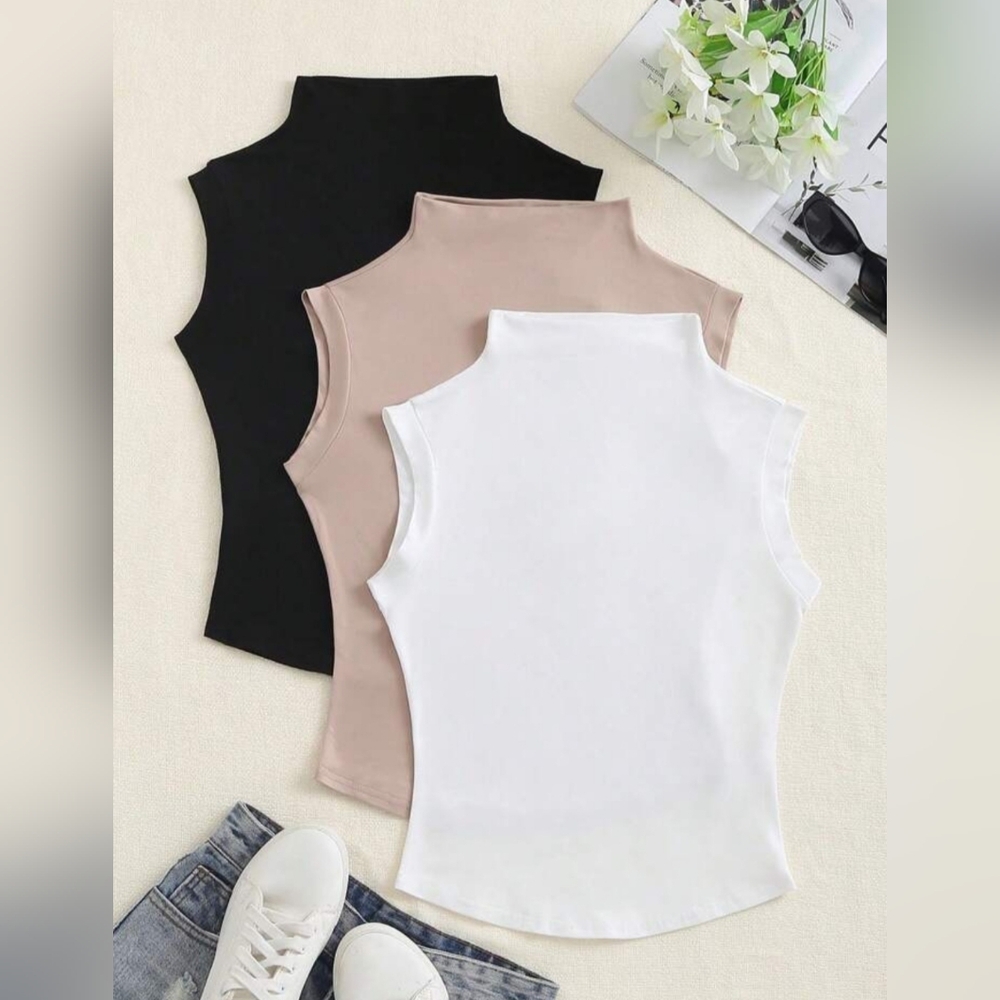 SHEIN Mock Neck Tank Tops - Black, Tan, and White